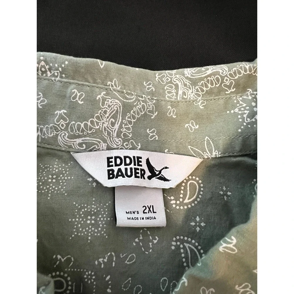 Eddie Bauer Mens 2XL Sage Green Paisley‎ Bandana Print Cotton Short Sleeve Shirt